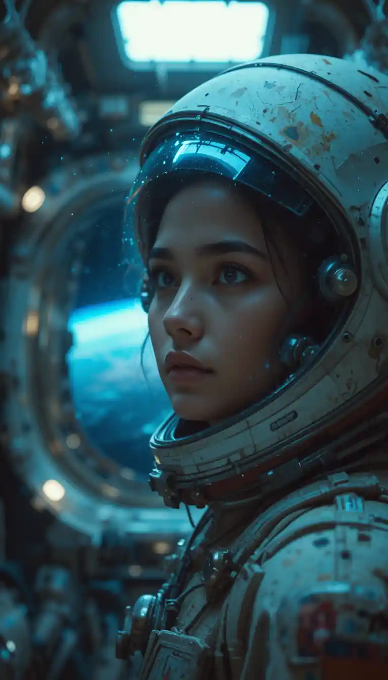 Lone female astronaut drifting inside abandoned space station