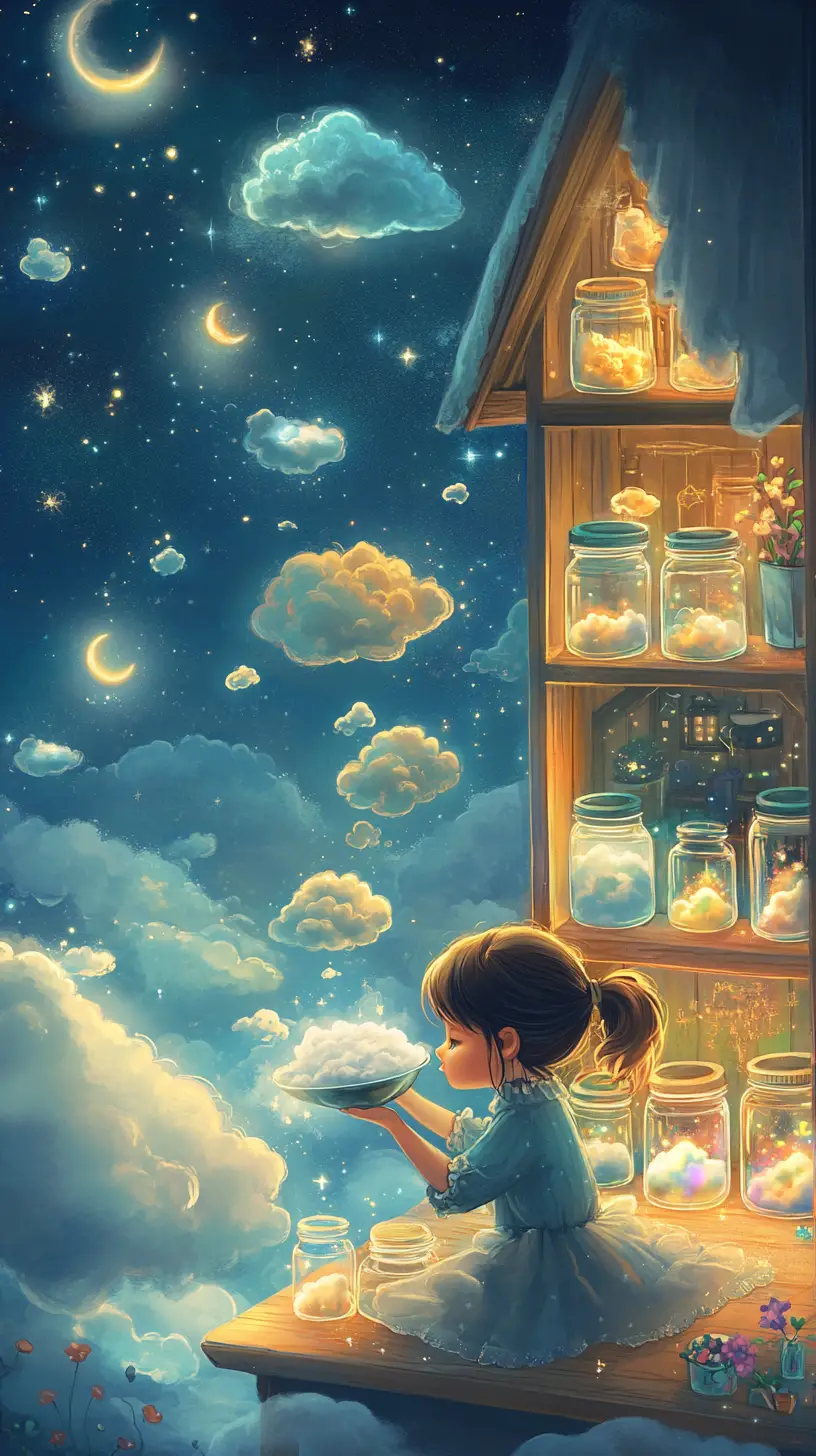 Girl Collecting Shaped Clouds In A Hilltop Cottage