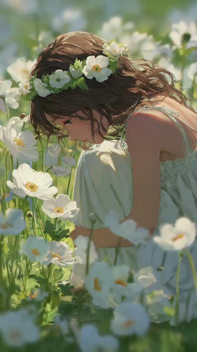 Anime girl in a flower field enjoying anemone blooms