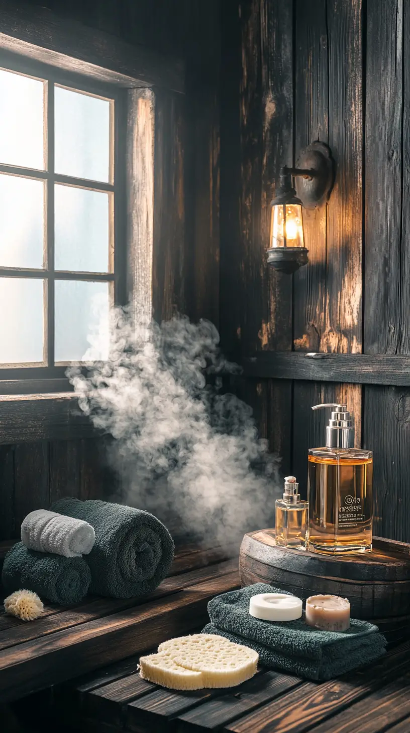 Luxury bath products arranged in a serene wooden sauna