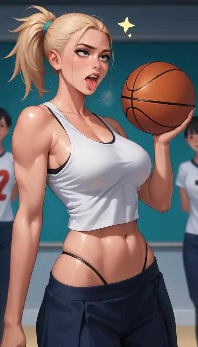 Close up of Japanese schoolgirl in intense basketball match