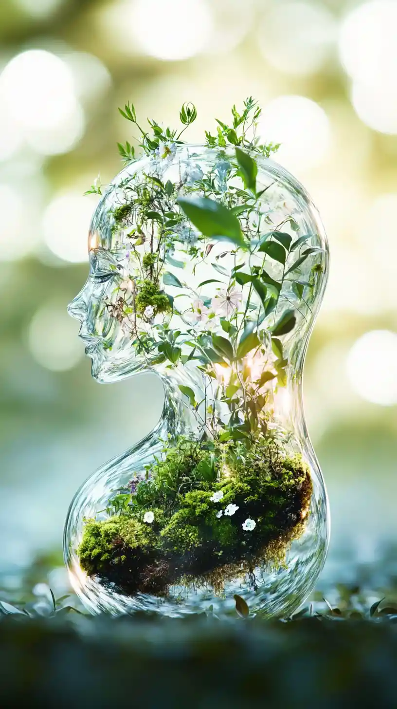 Surreal glass woman with inner plants and bokeh glow