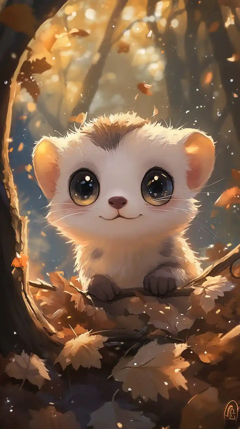 Cute chibi ferret exploring a twilight forest floor