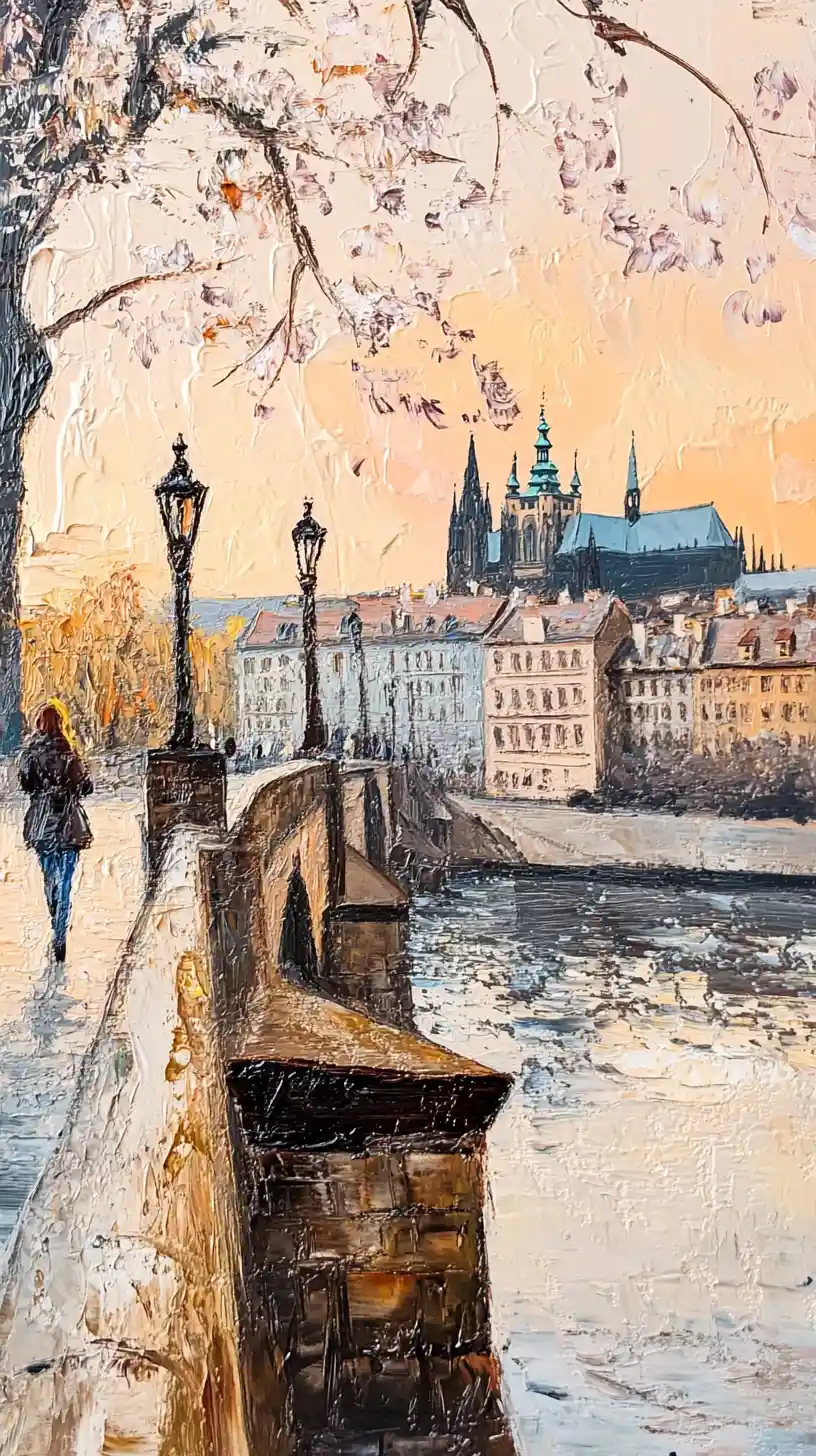 Woman on Charles Bridge at sunset in impressionist painting