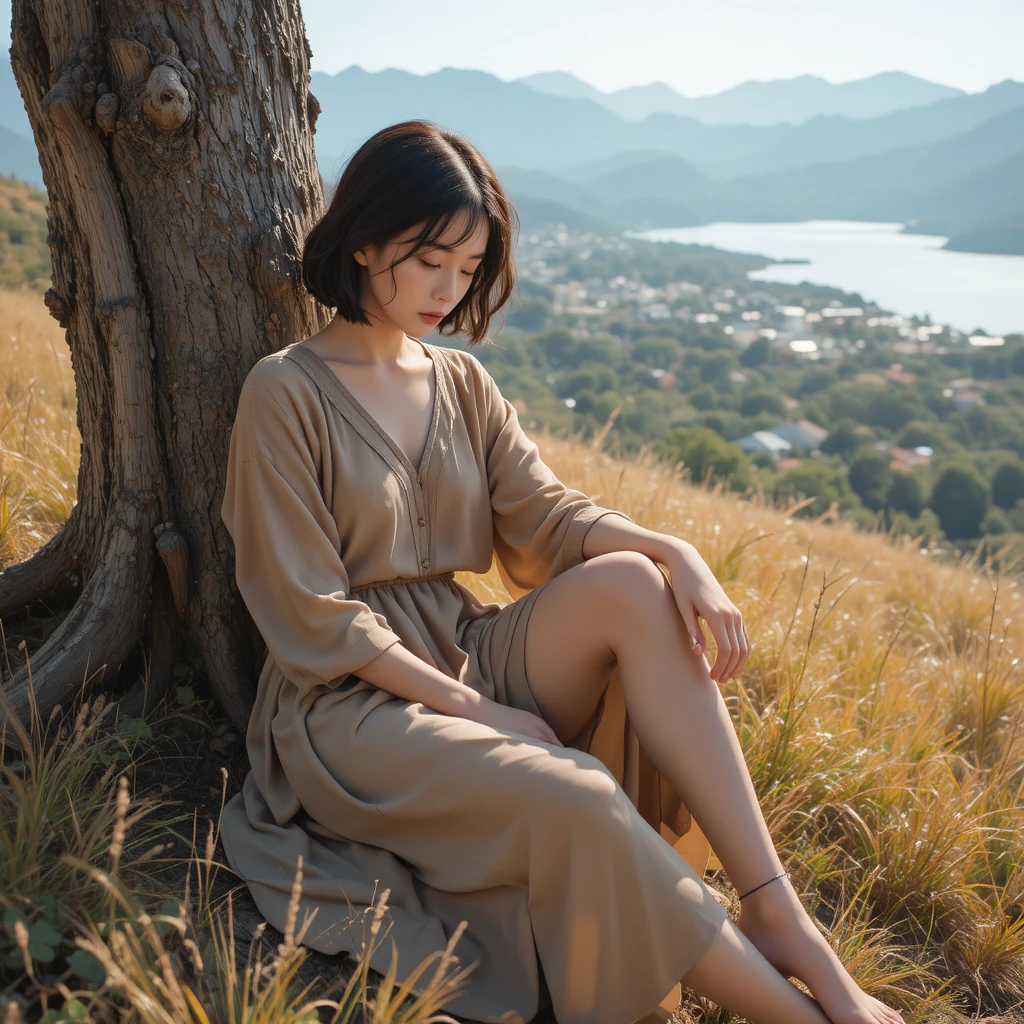 Young adult resting by a tree on a sunny hillside