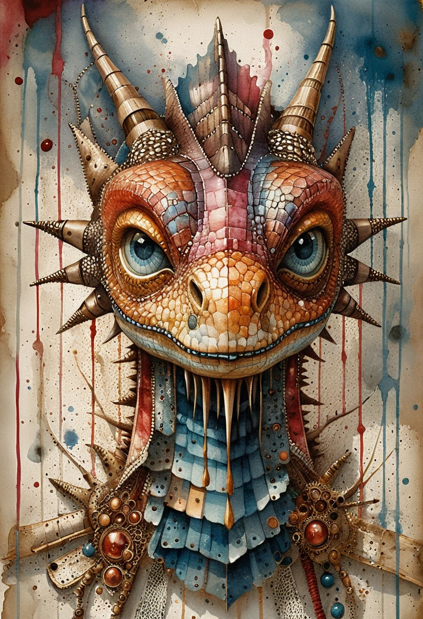 Mixed media profile portrait of a fierce fantasy dragon