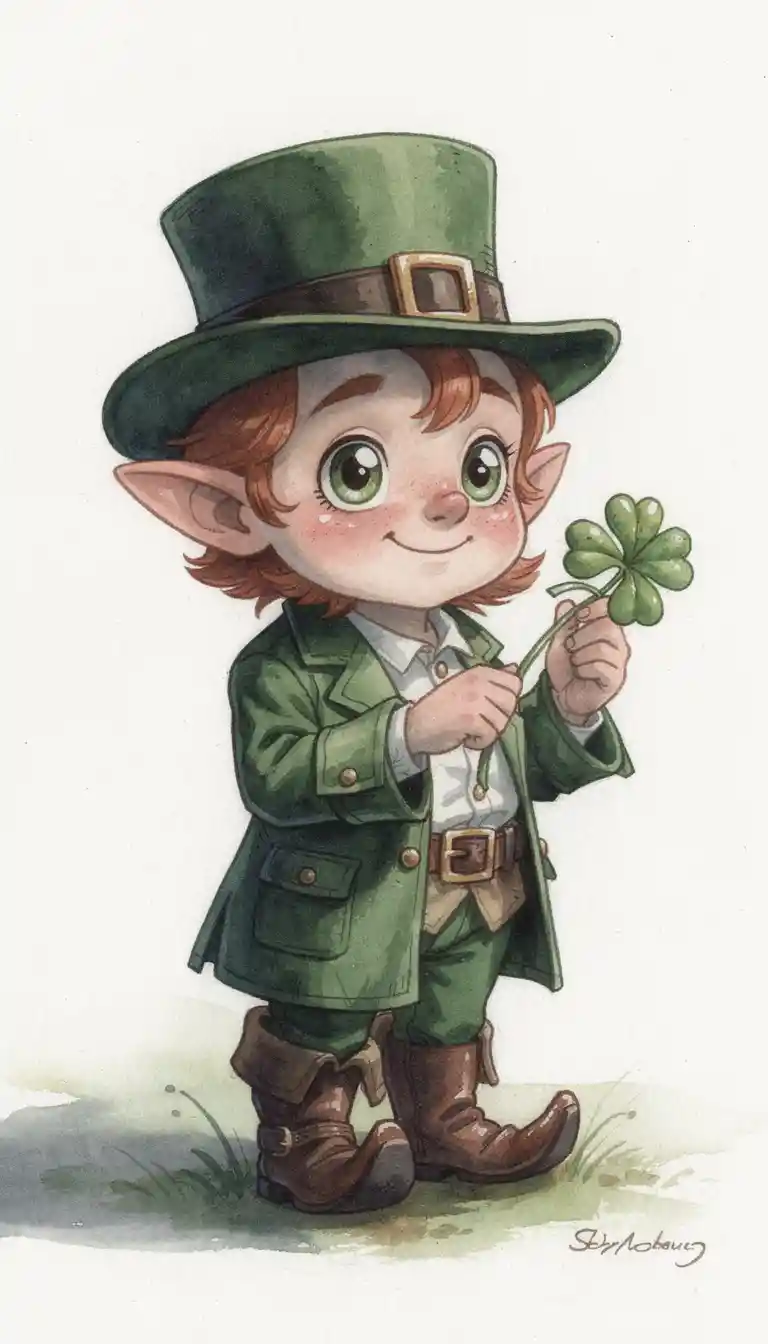 Dreamlike watercolor leprechaun with shamrock on white