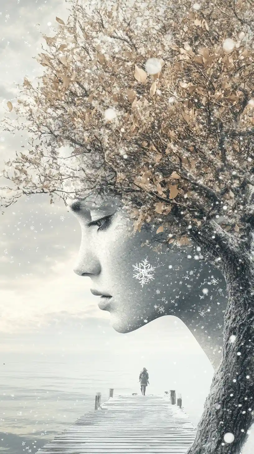 Surreal winter woman merged with tree by the sea