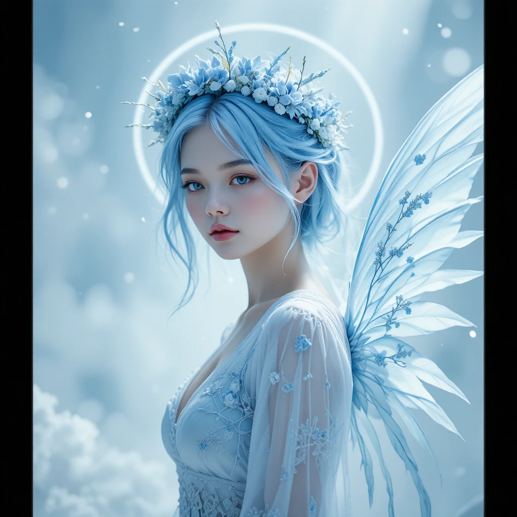 Femme ailée éthérée dans une brume lumineuse bleu glacé