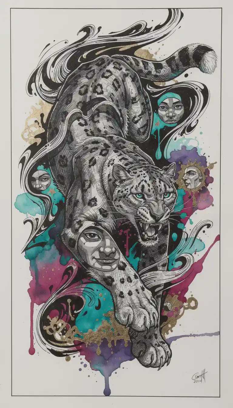 Snow leopard mid pounce in dramatic abstract ink artwork