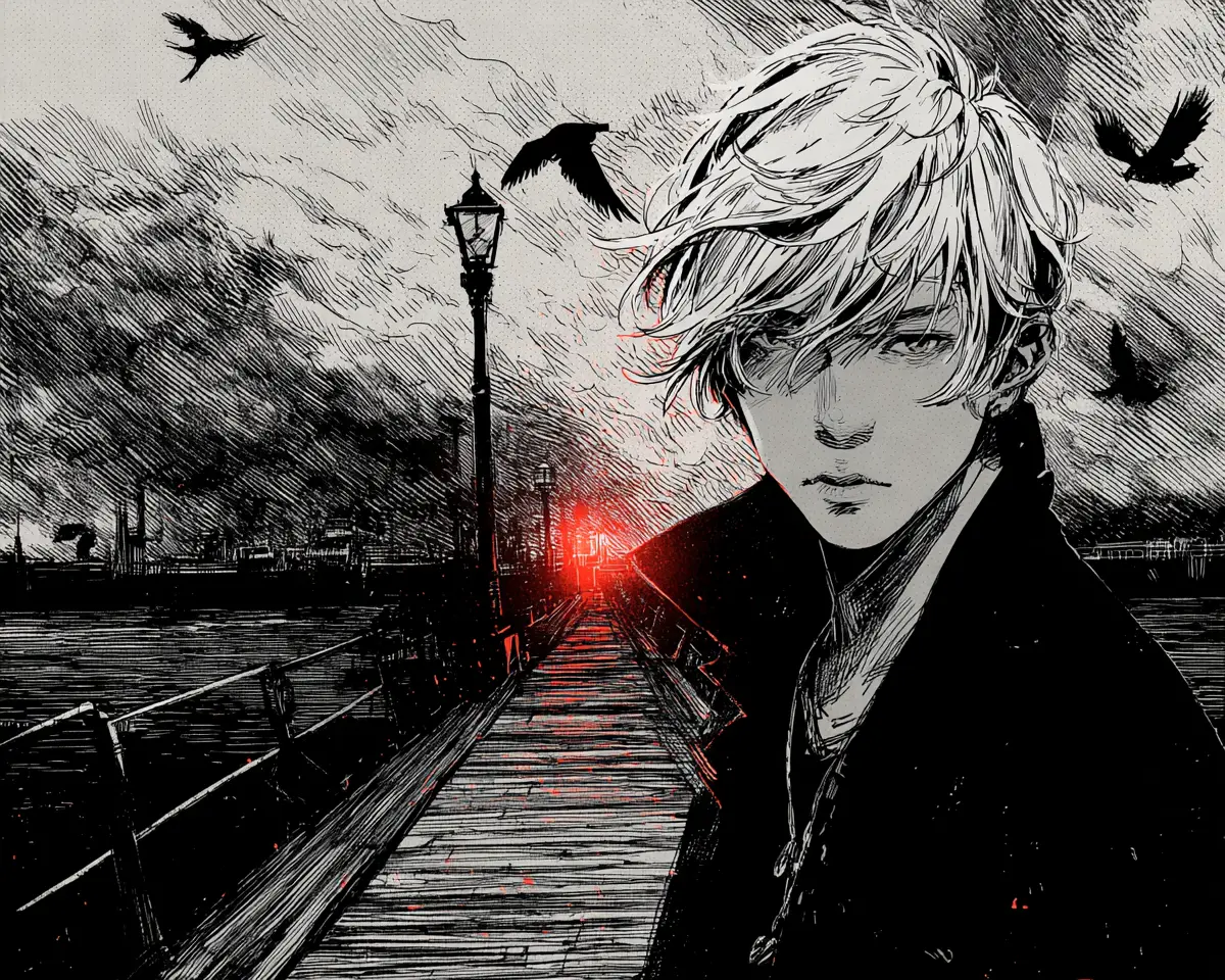 Young man on a pier under a red streetlight