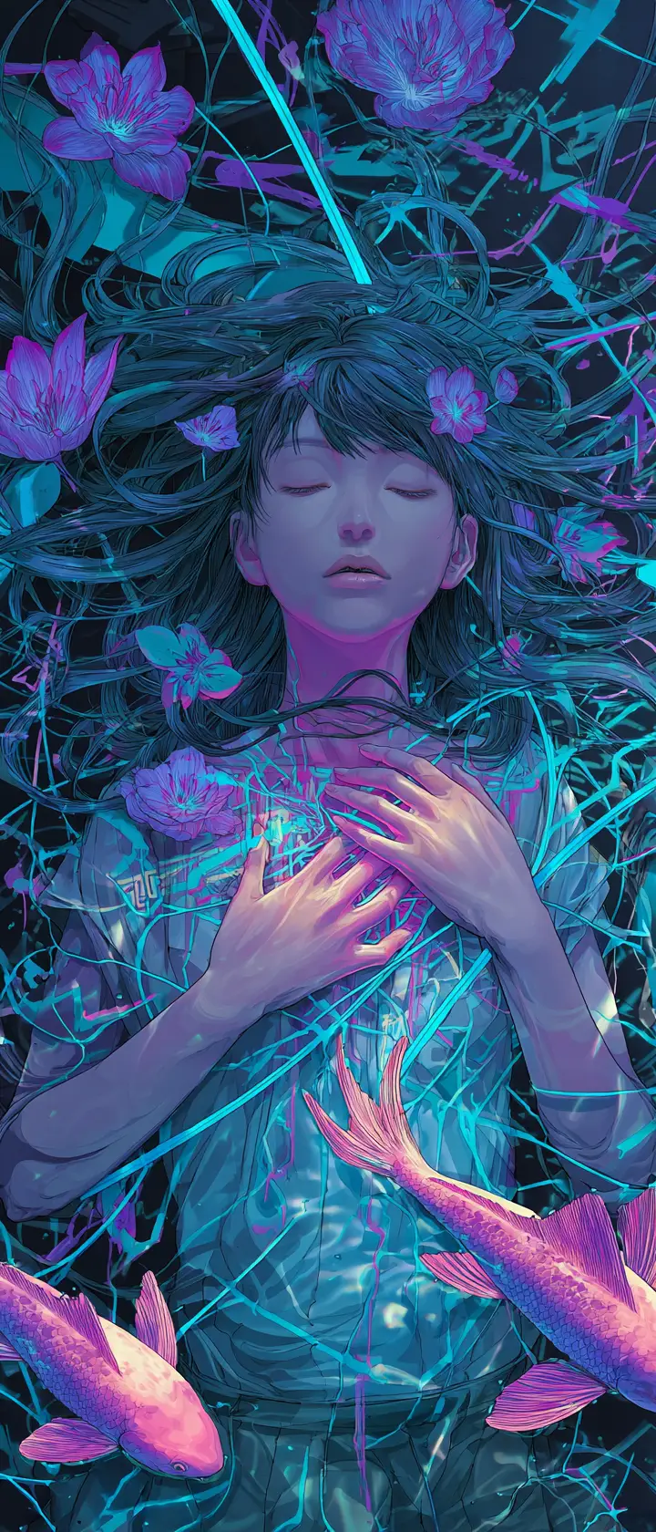 Surreal anime woman above neon flooded highway