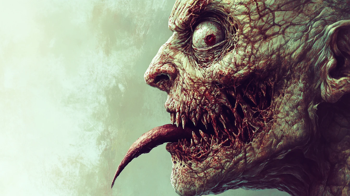 Rostro grotesco de monstruo de perfil con un solo ojo que mira fijamente