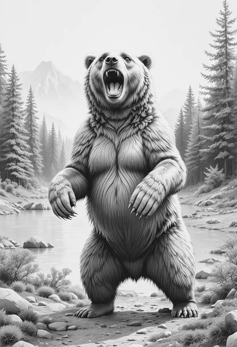 Majestic grizzly bear roaring in dawn forest light