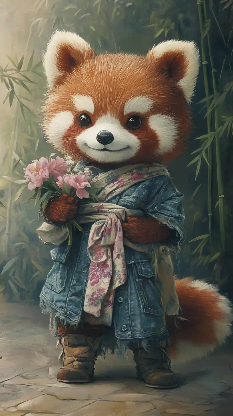 Giocattolo di panda rosso in abiti vintage con bouquet di fiori di campo