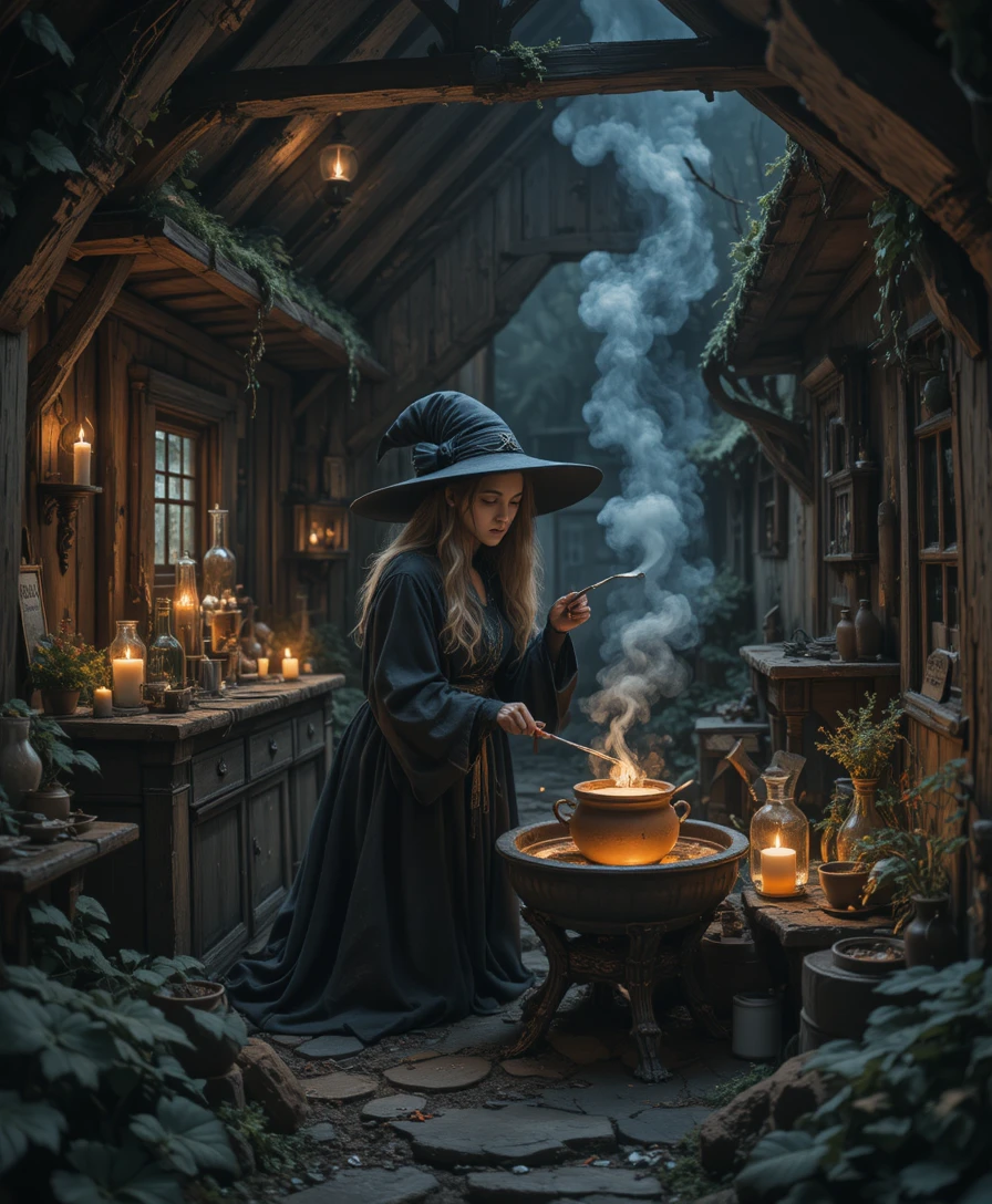 Bruja Preparando Pócimas en una Cabaña Fantástica Iluminada por Velas