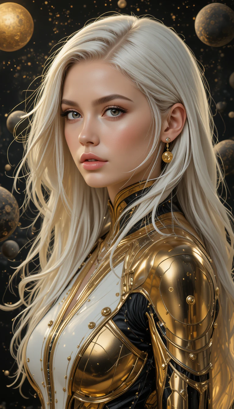 White haired woman in gold suit before a cosmic galaxy