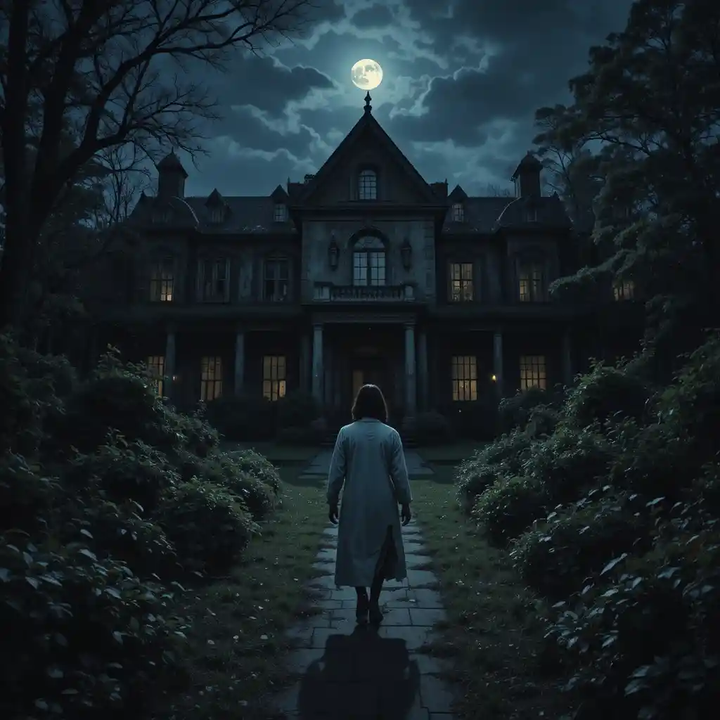Abandoned asylum entrance under rising full moon at dusk