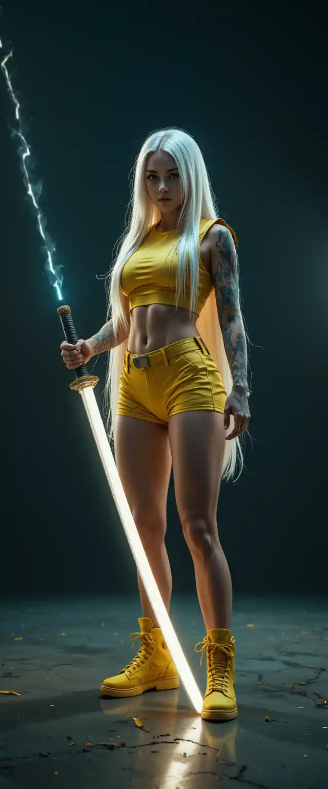Furchtlose blonde Frau mit Katana im cineastischen Studio-Porträt