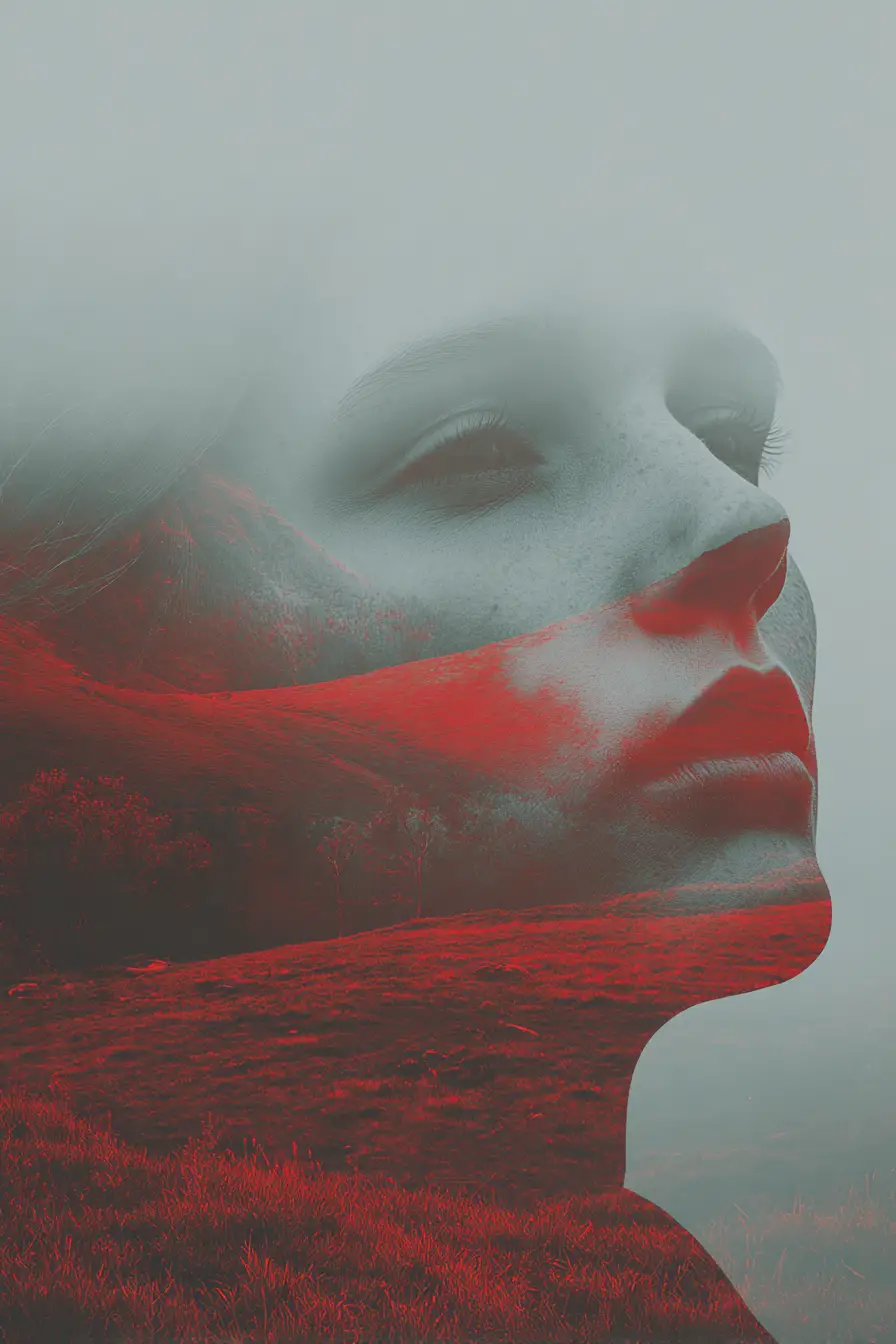 Ethereal double exposure portrait with abstract landscape