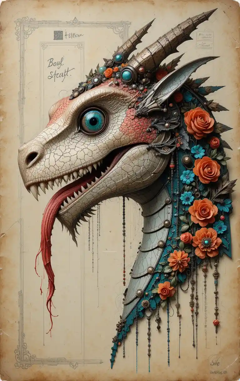 Mixed media profile portrait of a fierce fantasy dragon