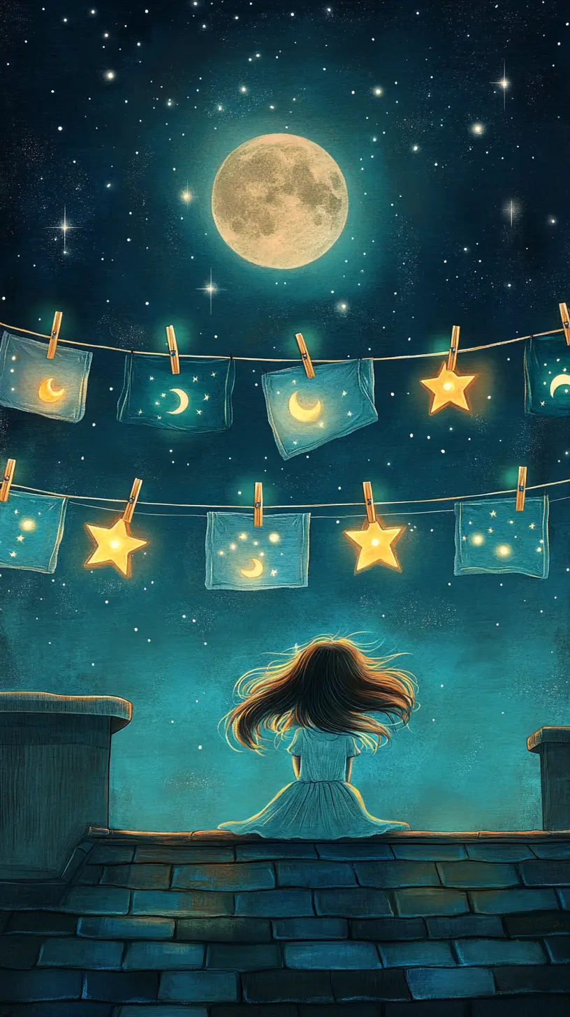 Girl hanging glowing stars to dry under full moon