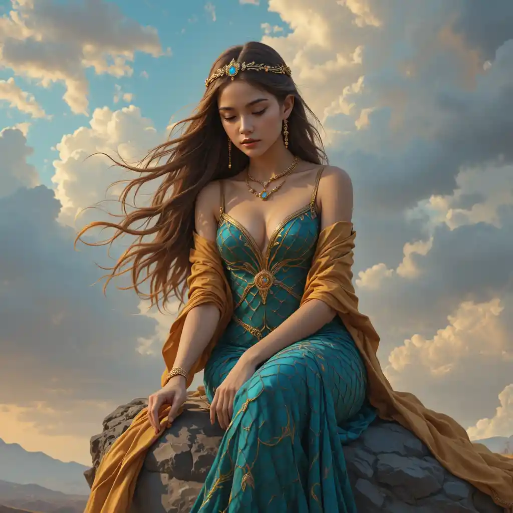 Young woman in teal and gold gown on rocky cliff