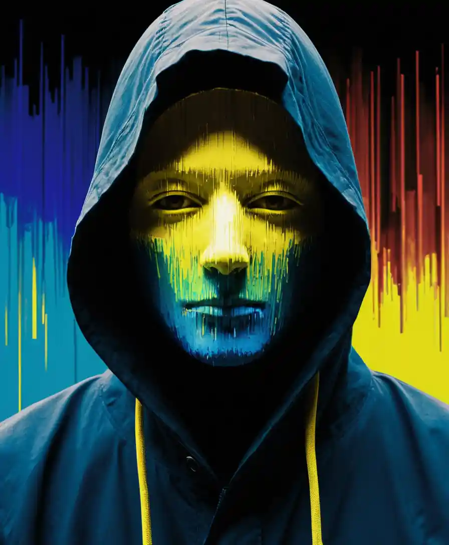 Retrato glitch em close de uma figura encapuzada e sem rosto