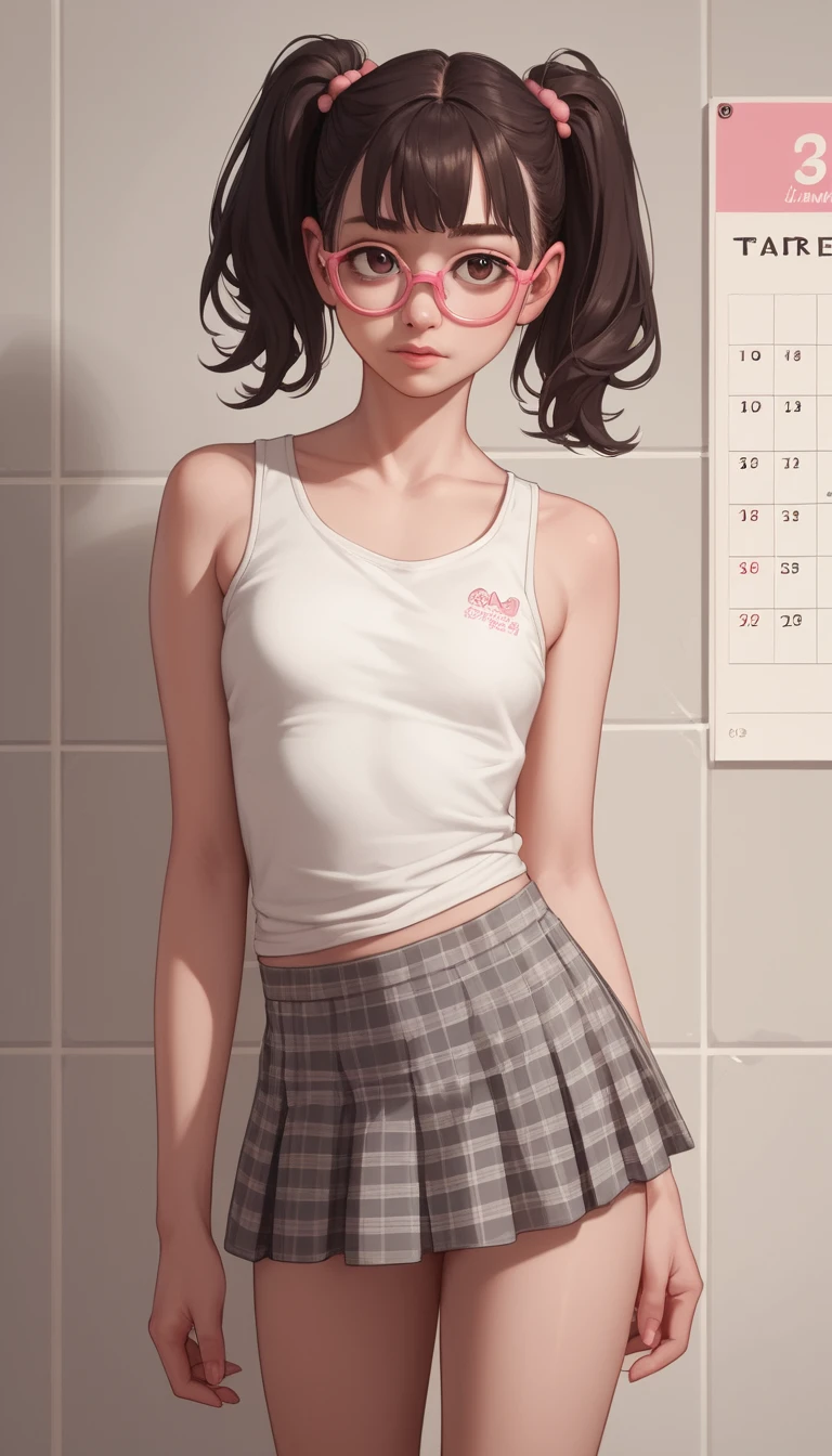 Joven chica en baño minimalista de tonos pastel