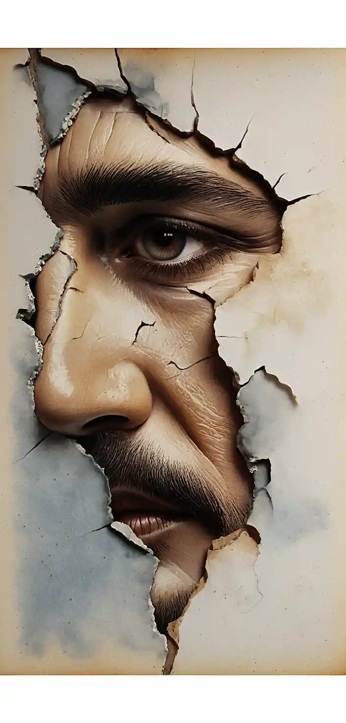 Fragmento de rostro masculino envejecido en retrato de primer plano en técnica mixta