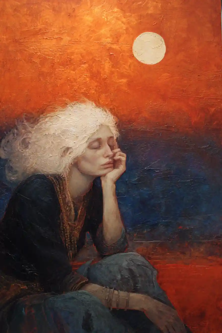 Sad bohemian woman under a glowing moon at dusk