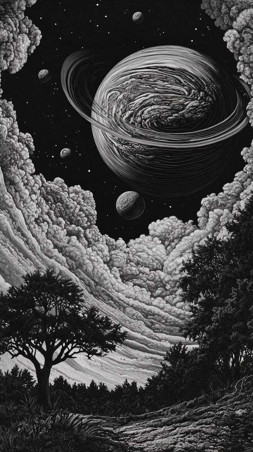 Surreal ringed planets in a vast woodcut cosmic landscape