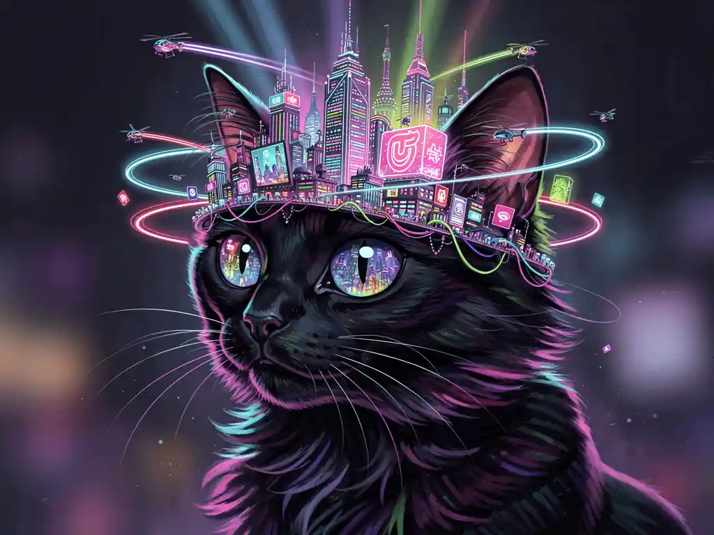 Black cat wearing glowing neon cyberpunk city hat