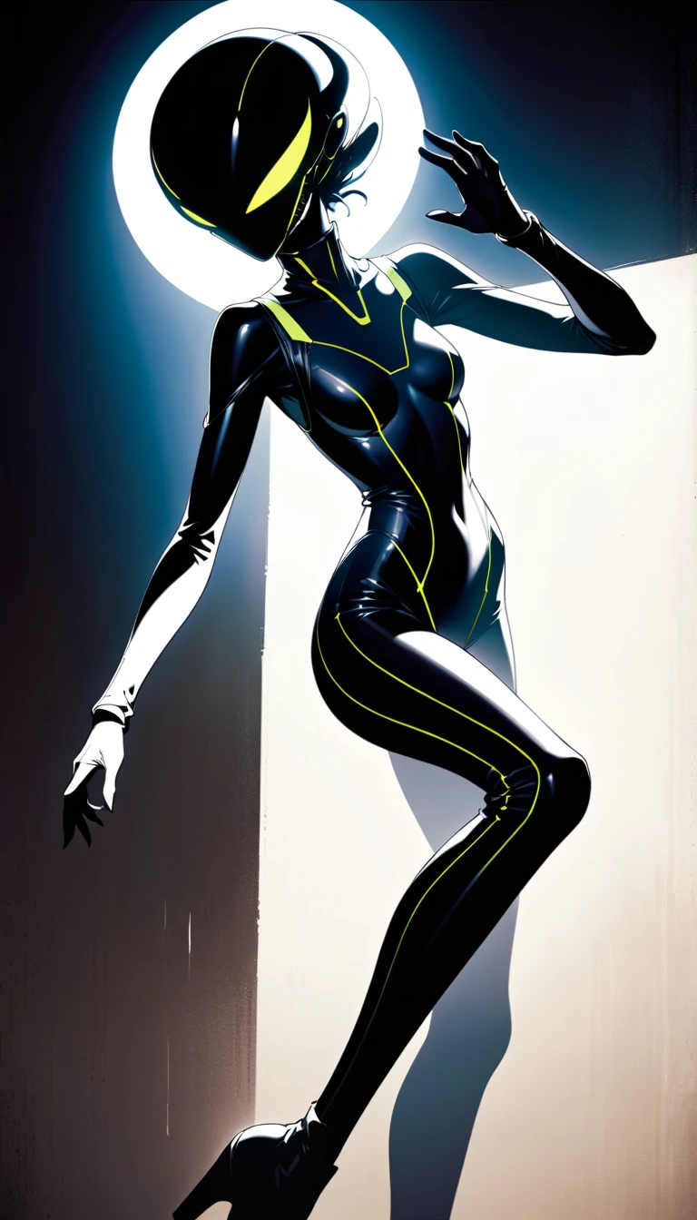 Mysterious female astronaut posing in sleek sci fi spacesuit