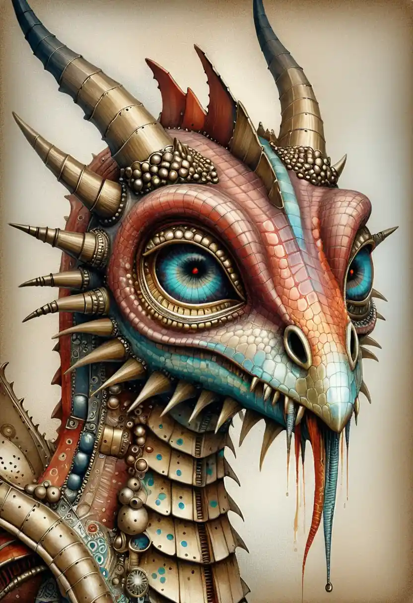 Ritratto steampunk in mixed media di un feroce drago fantasy