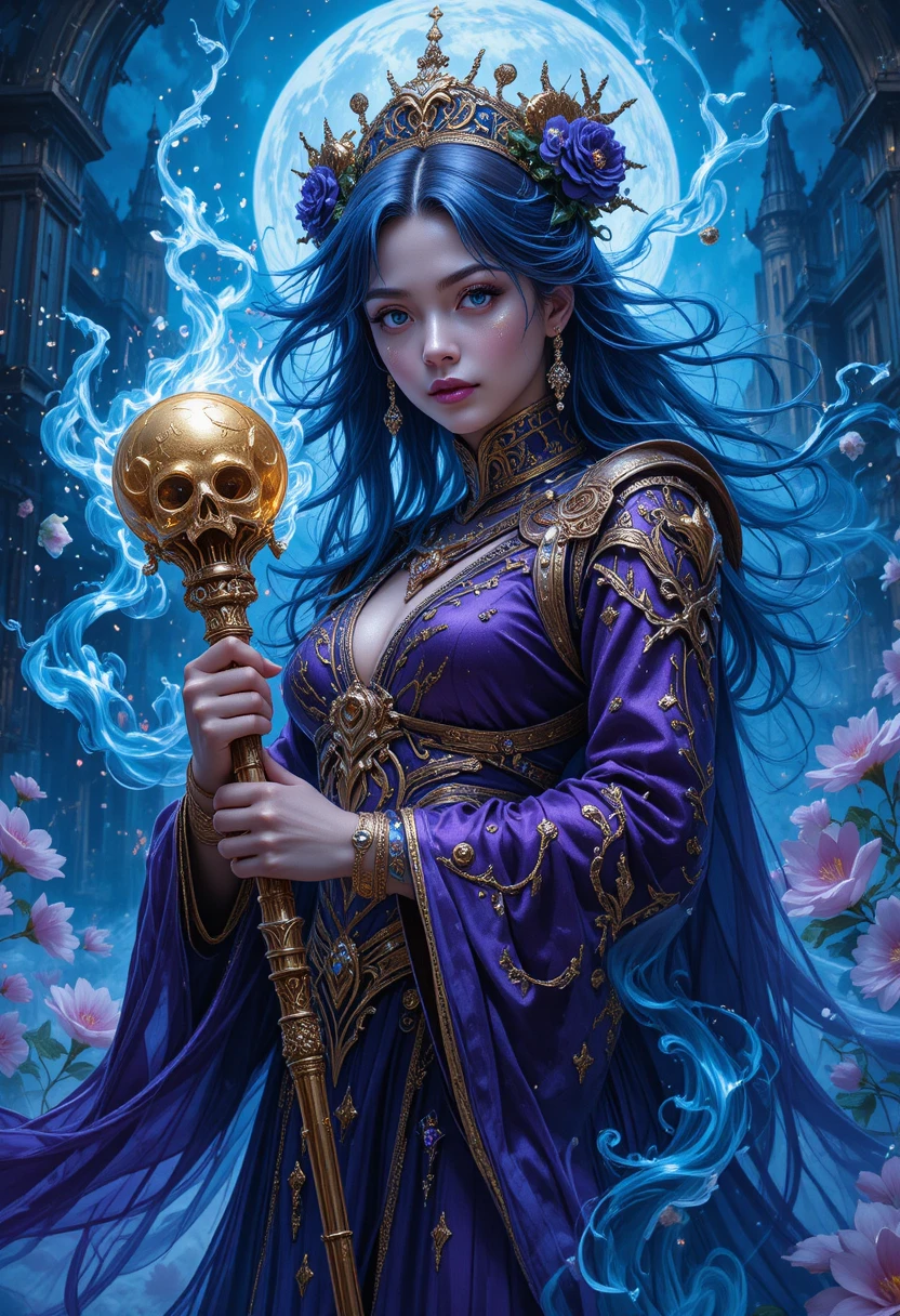 Sacerdotisa de anime con cetro de calavera dorada en estilo fantasía neón
