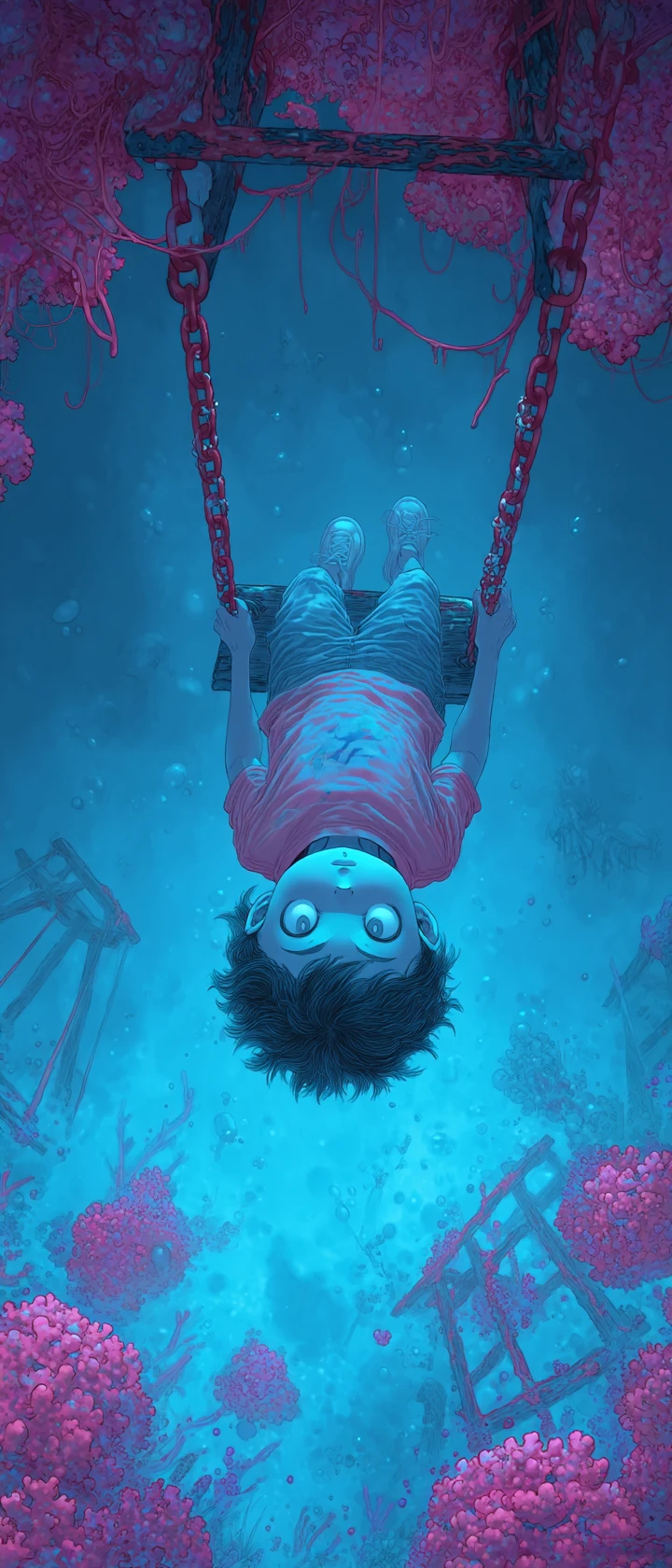 Upside down anime child above a drowned glowing playground