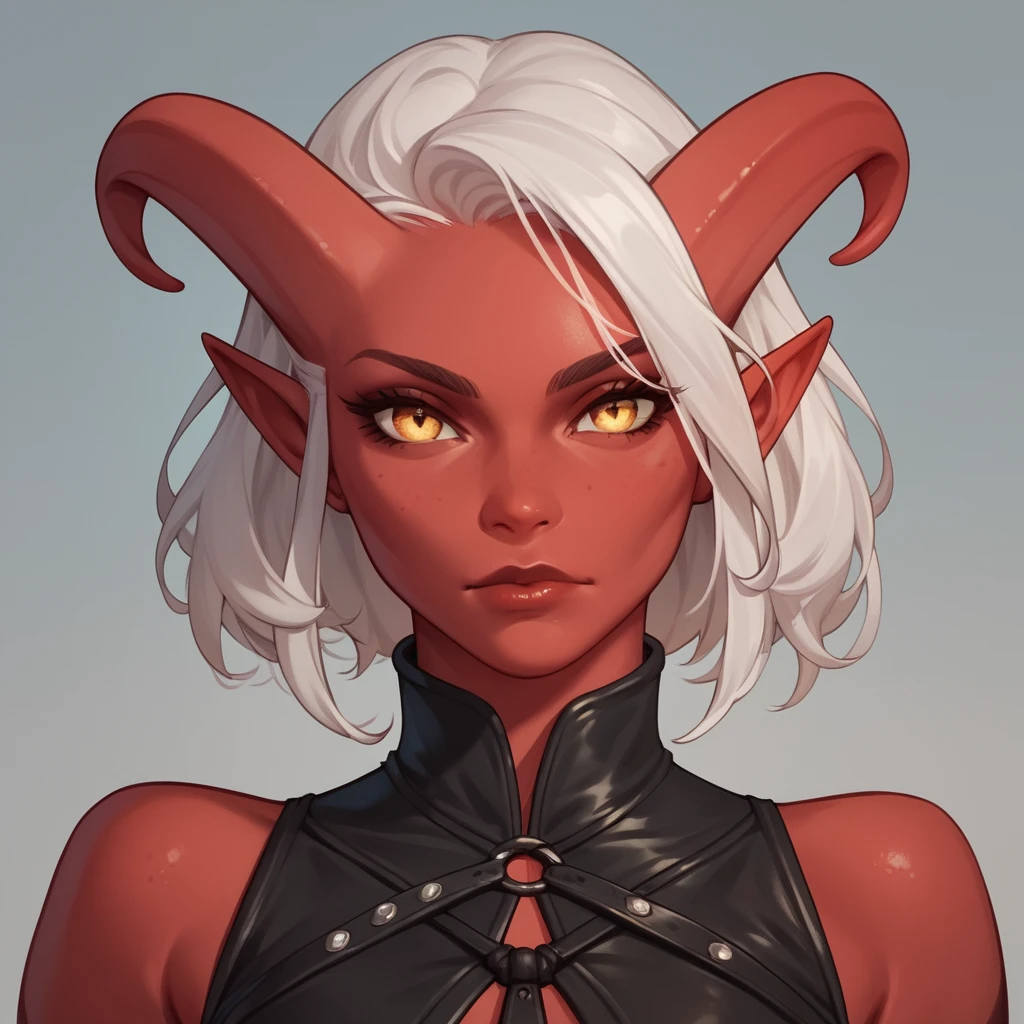 Cazadora tiefling de piel roja con espada siniestra