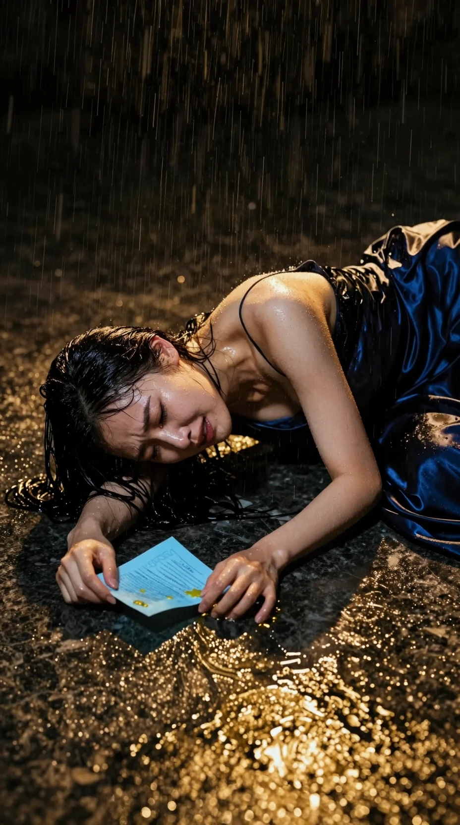 Young woman crying on wet marble floor in the rain