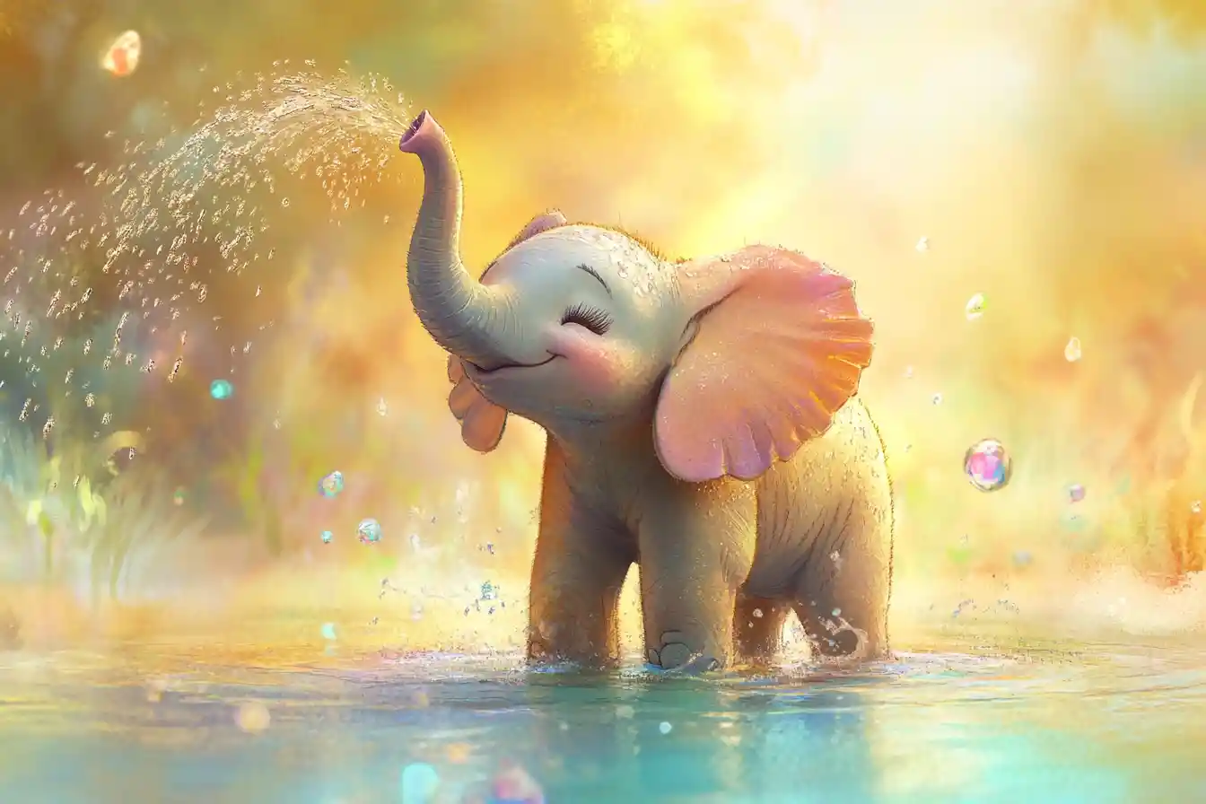 Baby elephant spraying rainbow water in jungle sunrise