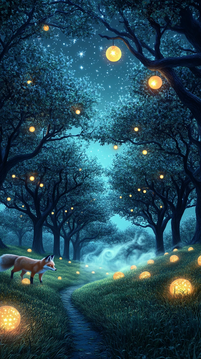 Fox Wandering Through A Glowing Nighttime Orchard