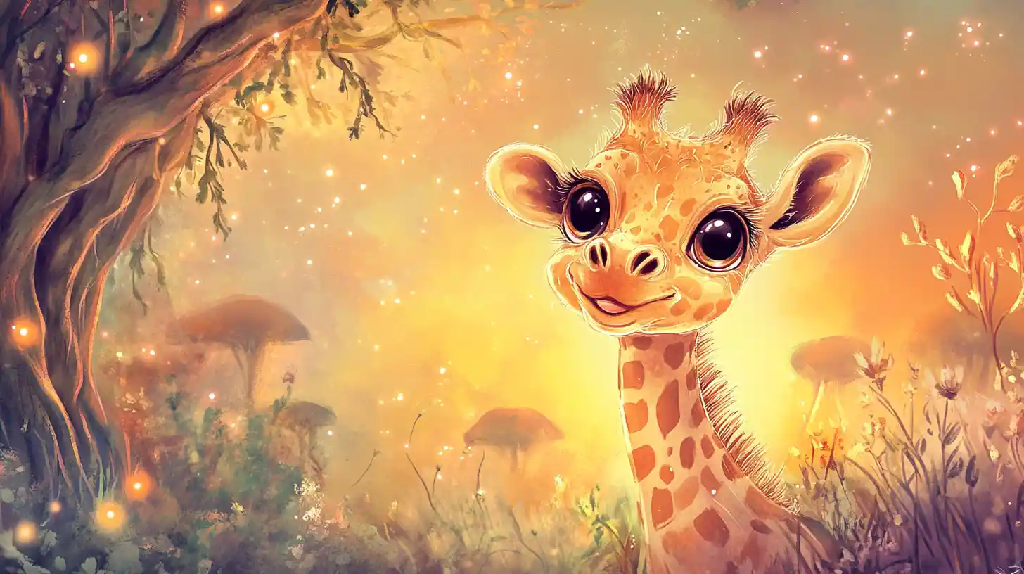 Cute baby giraffe peeking from glowing enchanted savanna