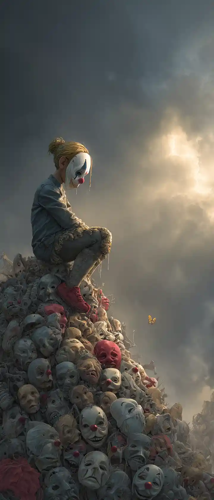 Boy removing mask on ruined wasteland at sunrise