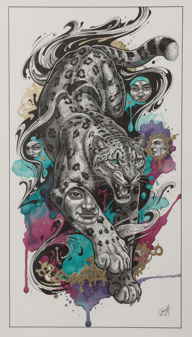 Snow leopard mid pounce in dramatic abstract ink artwork