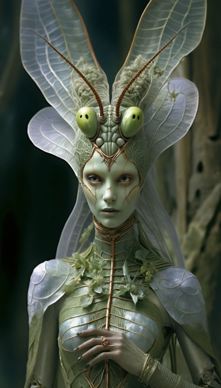Mujer hada insecto alienígena con armadura biomecánica verde escultural
