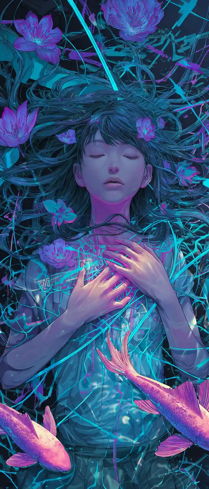 Mulher de anime surreal acima de rodovia inundada por neon