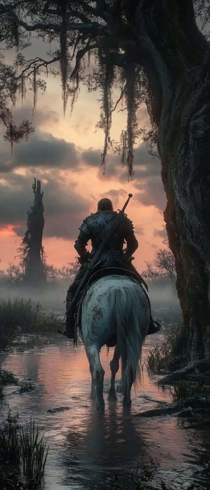 Medieval knight on a weary horse in a twilight swamp