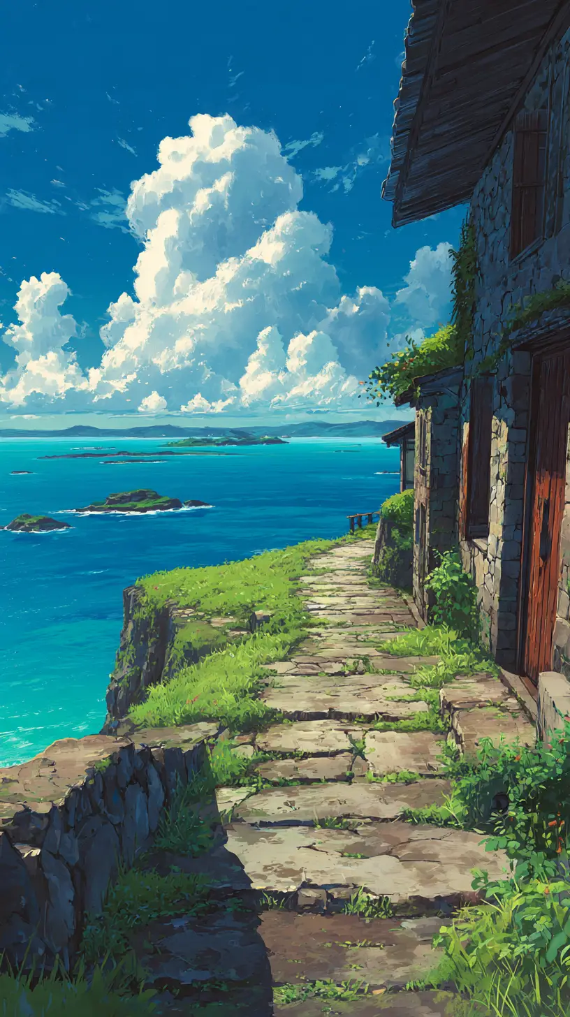 Stone path along a coastal cliff above the ocean