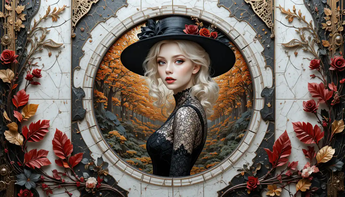 Gothic-Blondine mit schwarzem Spitzenhut im Herbstpark