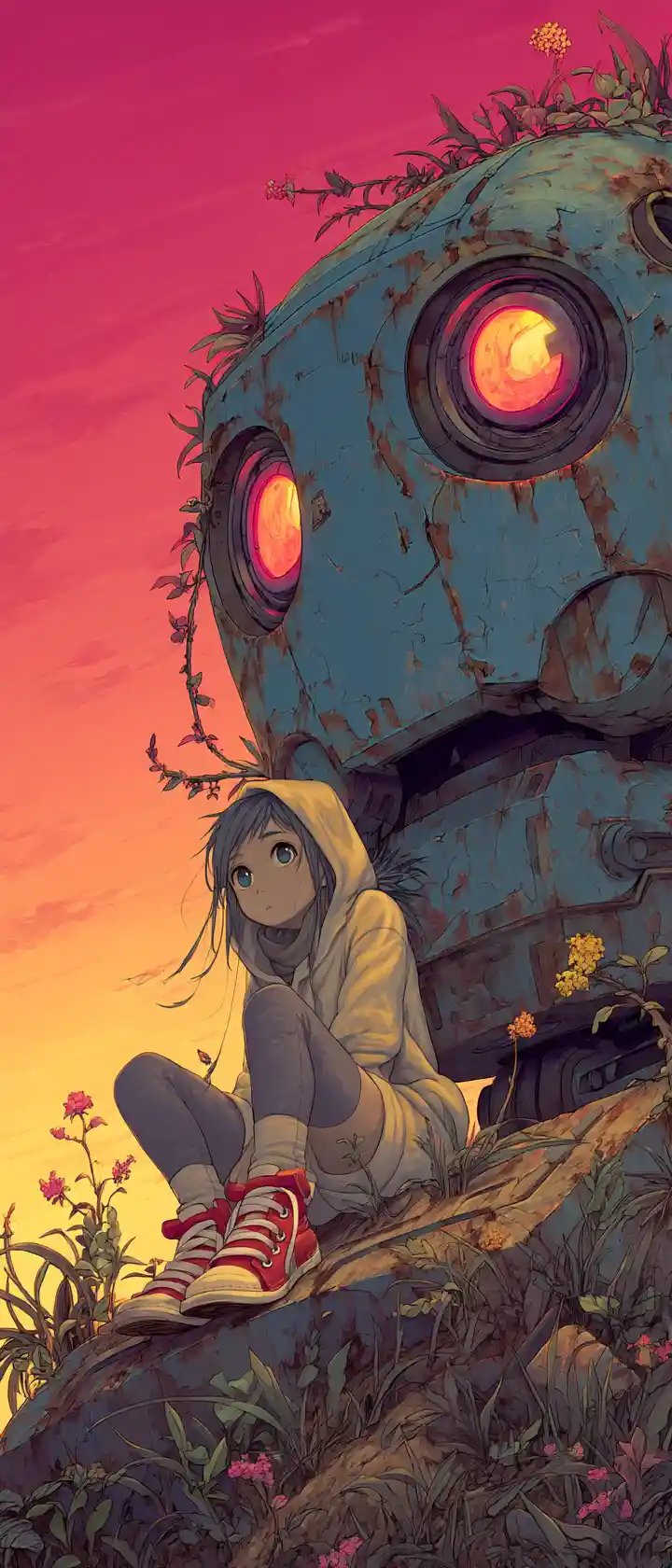 Anime girl on ruined robot head in desert twilight